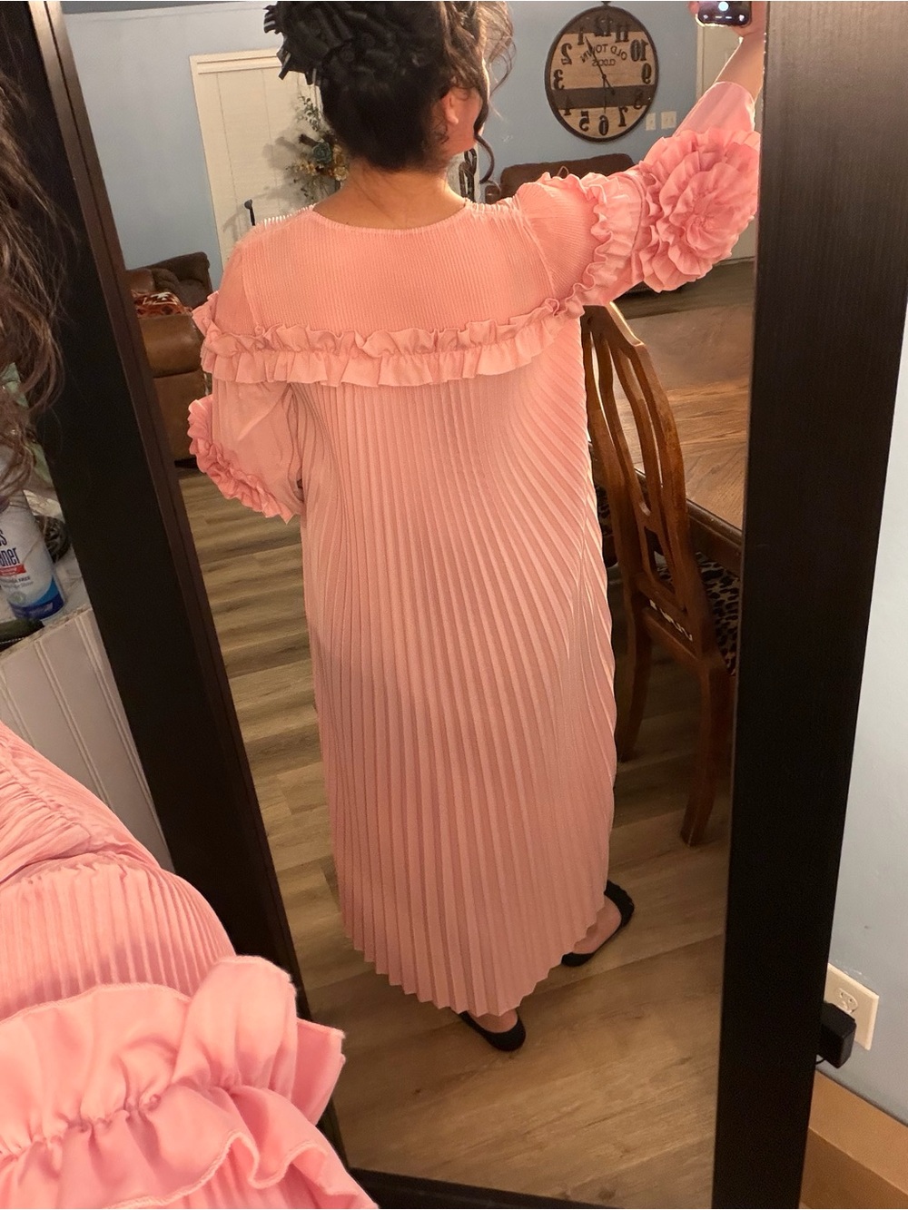 Pink Pleated Long Dress with Ruffle and Floral Sleeve Detail - Picture 6 of 6